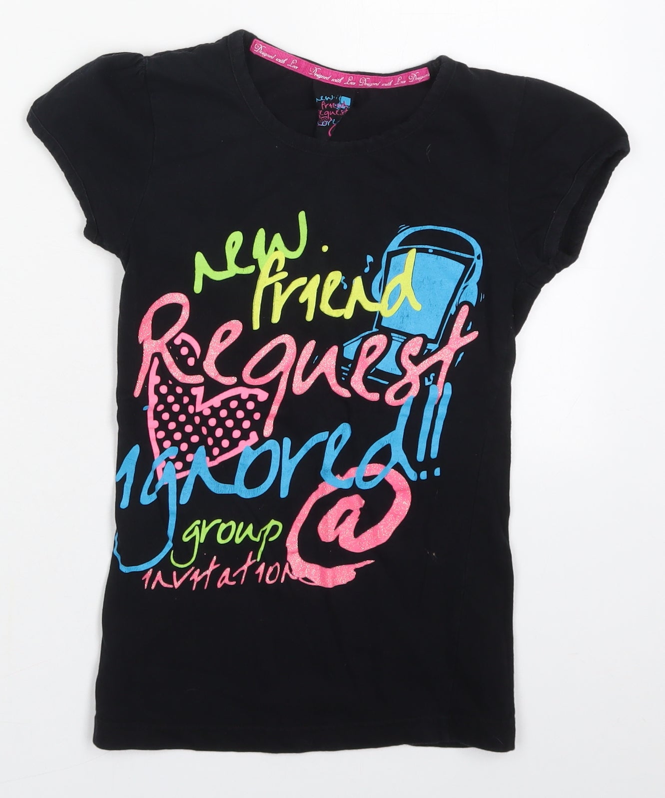 Young Dimension Girls Black  Cotton Basic T-Shirt Size 11-12 Years Crew Neck Pullover - New Friend Request Ignored