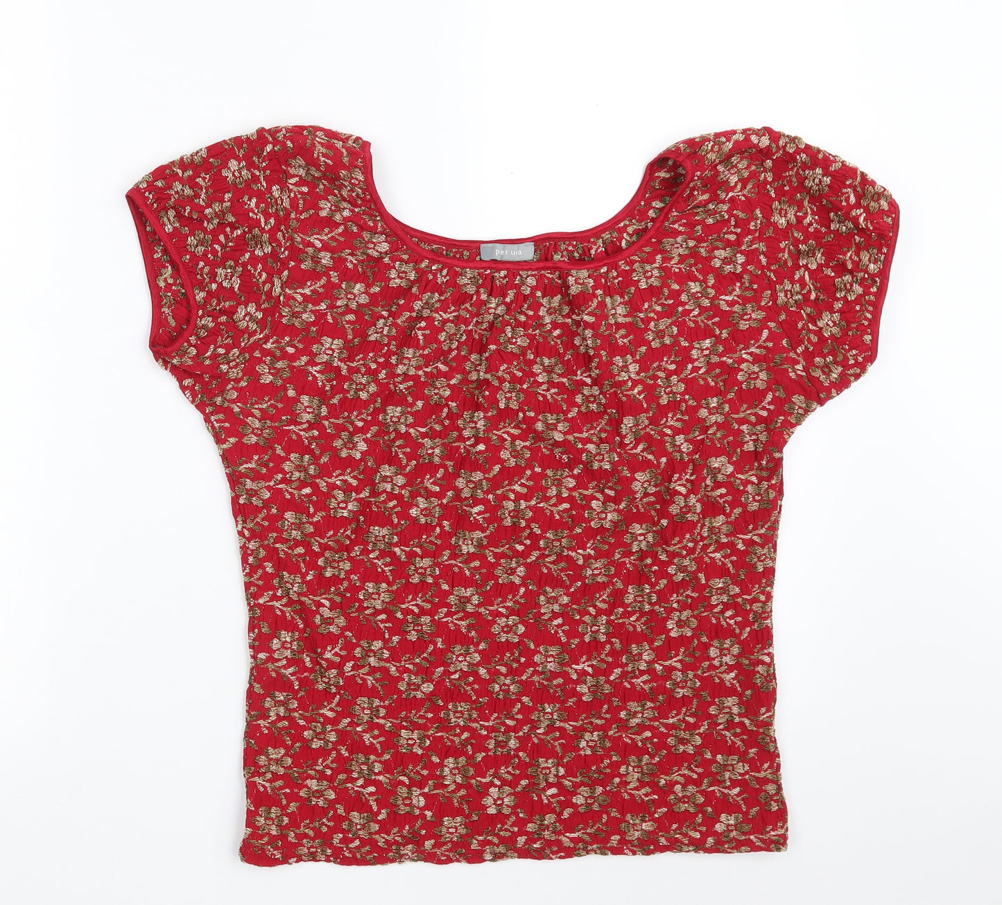 Per Una Womens Red Floral Polyamide Basic Blouse Size 16 Scoop Neck
