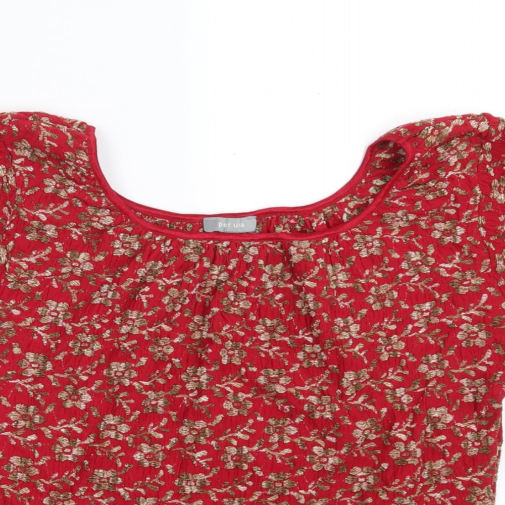 Per Una Womens Red Floral Polyamide Basic Blouse Size 16 Scoop Neck