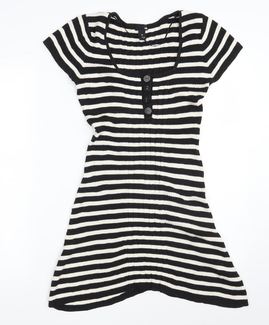 H&M Womens Black Colourblock Viscose Jumper Dress  Size M  Square Neck Button