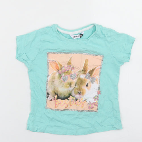 Pep & Co Girls Blue  Cotton Basic T-Shirt Size 3-4 Years Crew Neck  - Rabbits