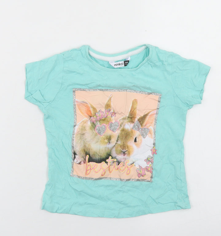 Pep & Co Girls Blue Cotton Basic T-Shirt Size 3-4 Years Crew Neck - Rabbits