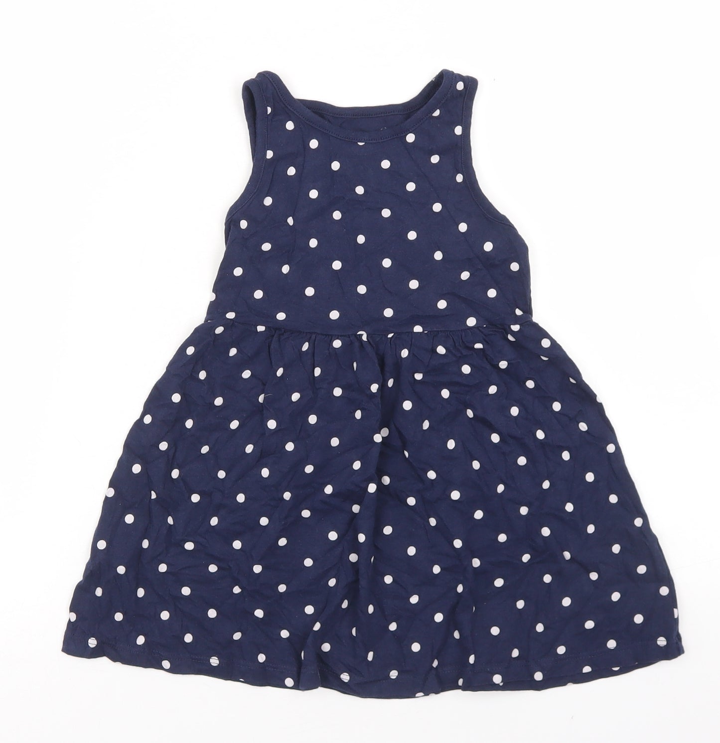 F&F Girls Blue Polka Dot Cotton Skater Dress  Size 3-4 Years  Crew Neck