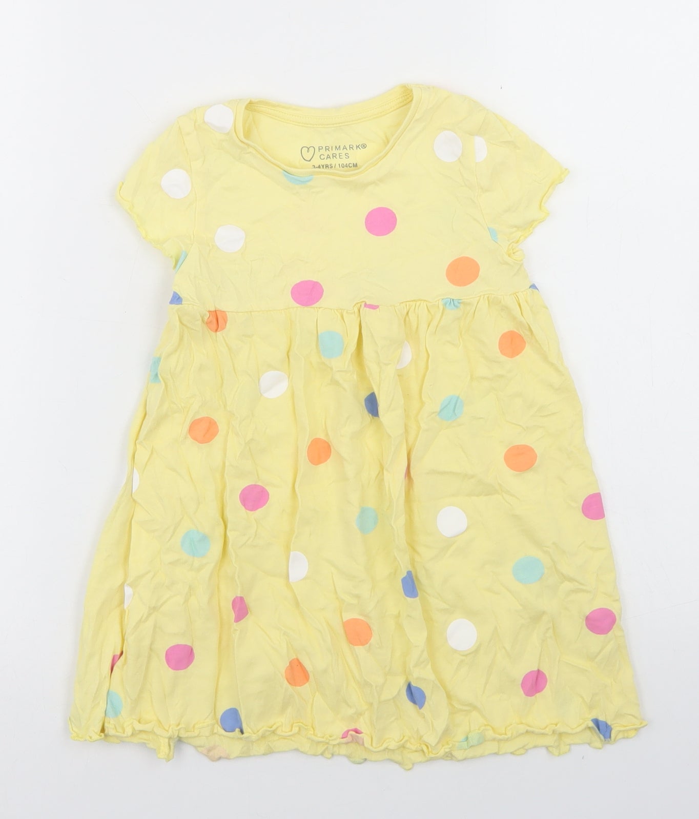 Primark Girls Yellow Polka Dot Cotton Skater Dress  Size 3-4 Years  Crew Neck  - Lettuce Edging