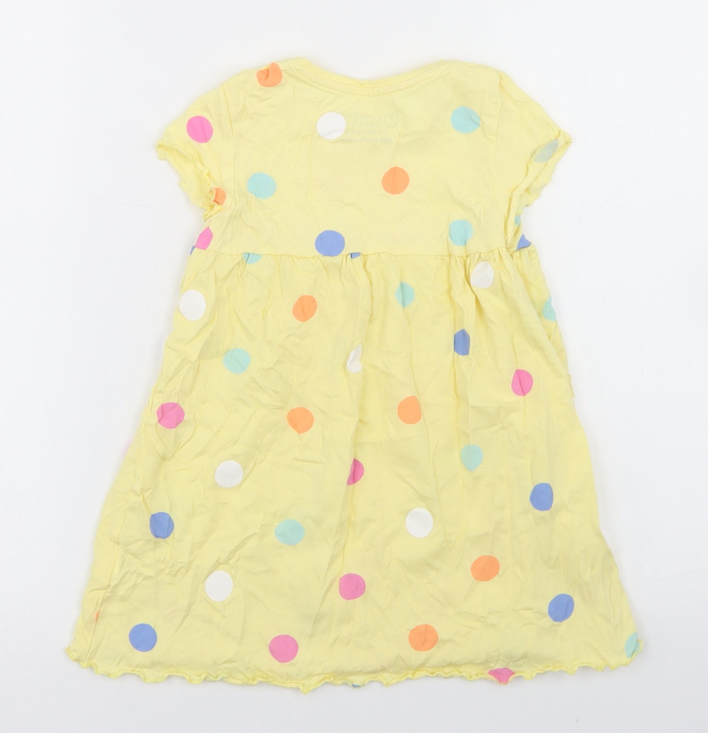 Primark Girls Yellow Polka Dot Cotton Skater Dress  Size 3-4 Years  Crew Neck  - Lettuce Edging