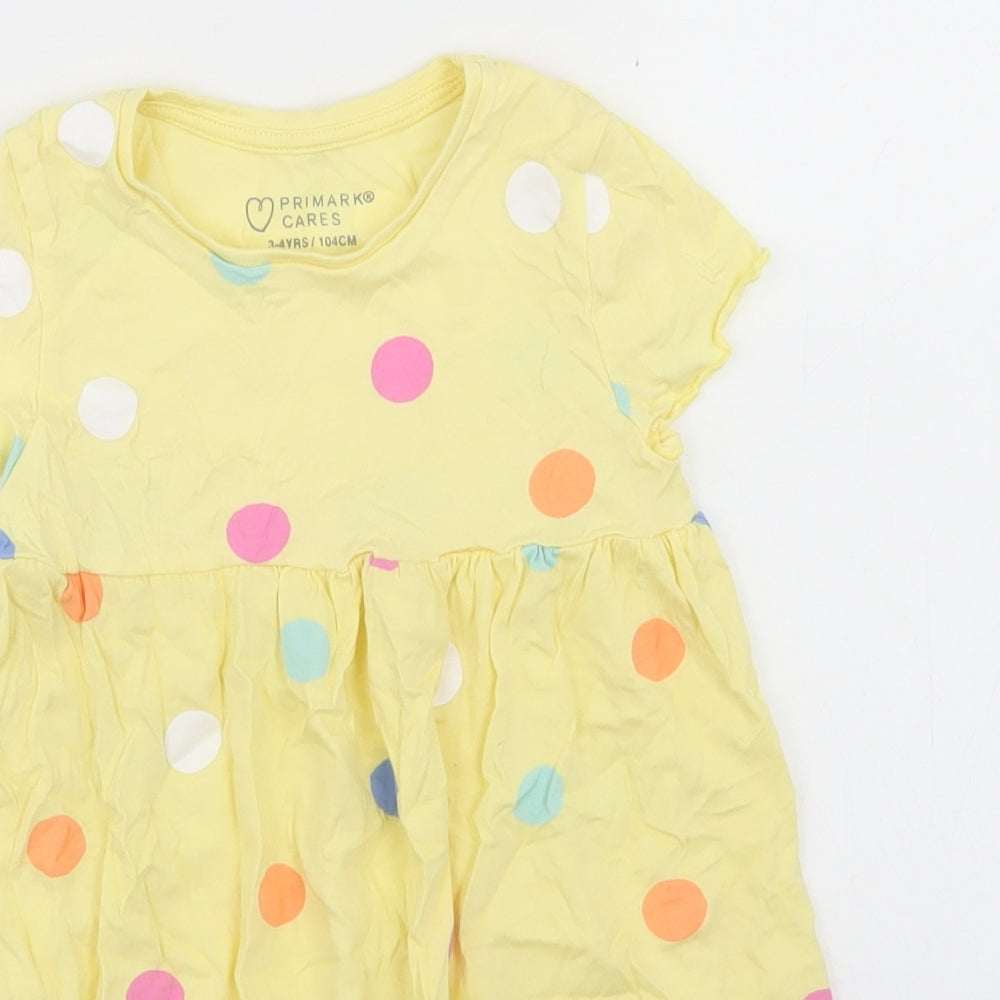 Primark Girls Yellow Polka Dot Cotton Skater Dress  Size 3-4 Years  Crew Neck  - Lettuce Edging