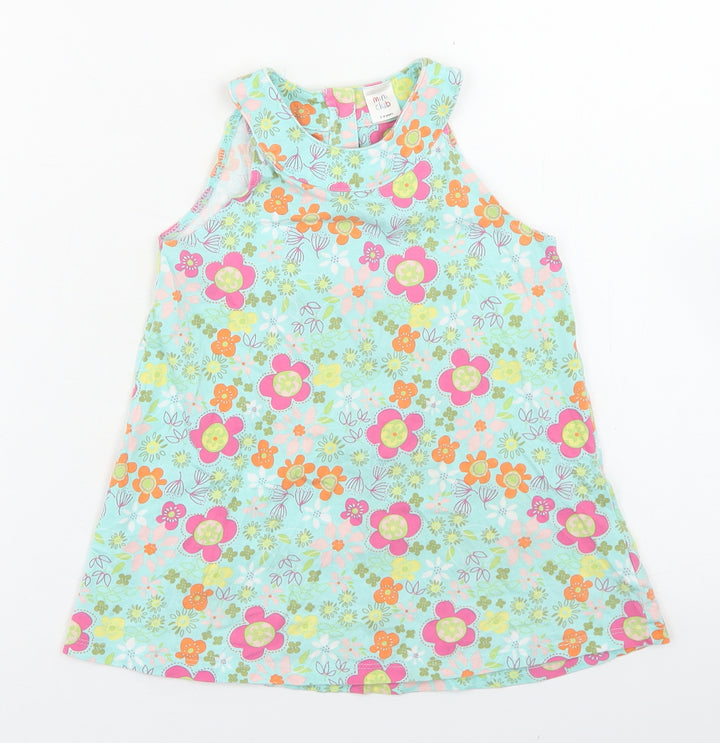 Mini Club Girls Blue Floral Cotton Basic Tank Size 3-4 Years Round Neck Button