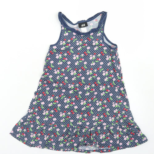 H&M Girls Blue Floral Cotton Trapeze & Swing  Size 5-6 Years  Crew Neck