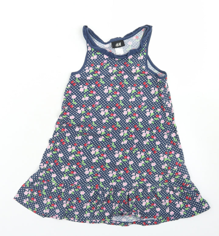 H&M Girls Blue Floral Cotton Trapeze & Swing Size 5-6 Years Crew Neck