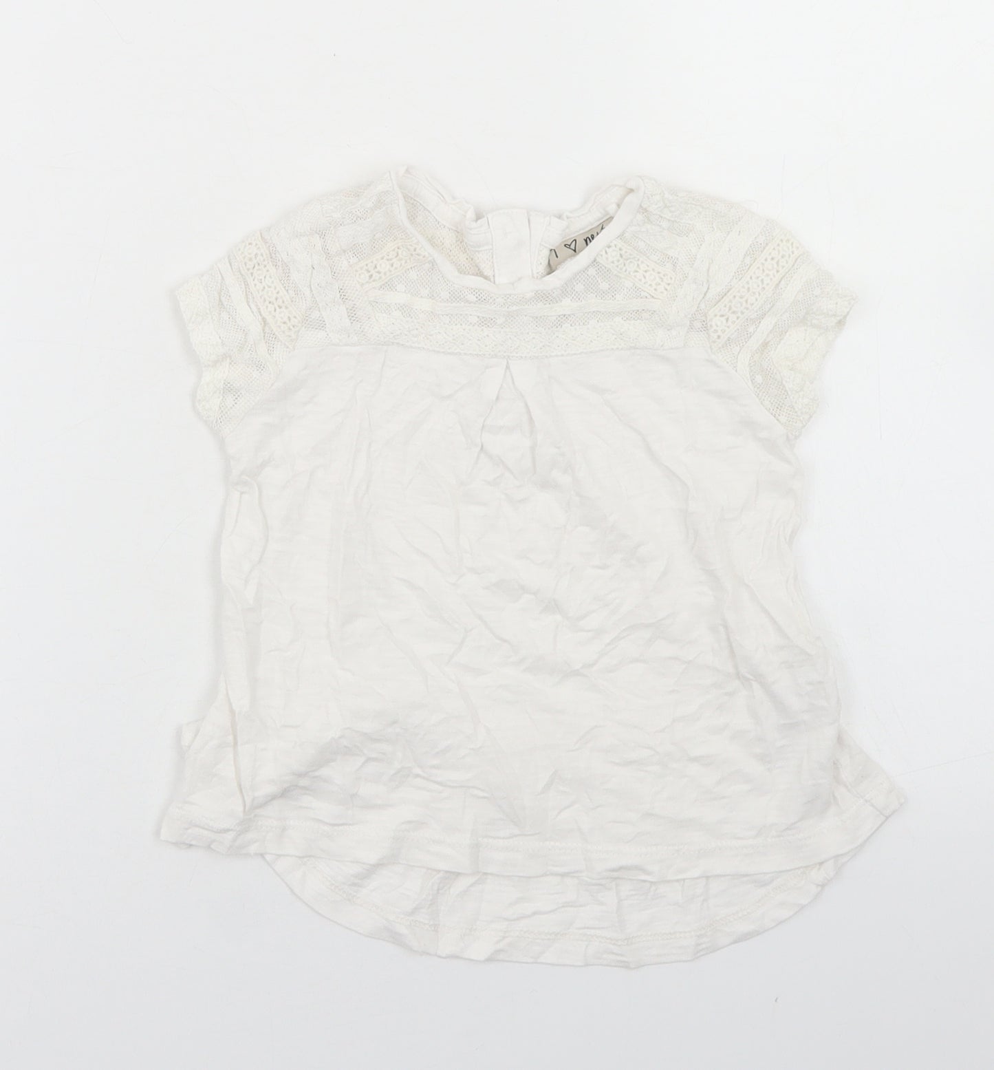 NEXT Girls White  Cotton Basic T-Shirt Size 2-3 Years Crew Neck Button - Lace shoulder detail