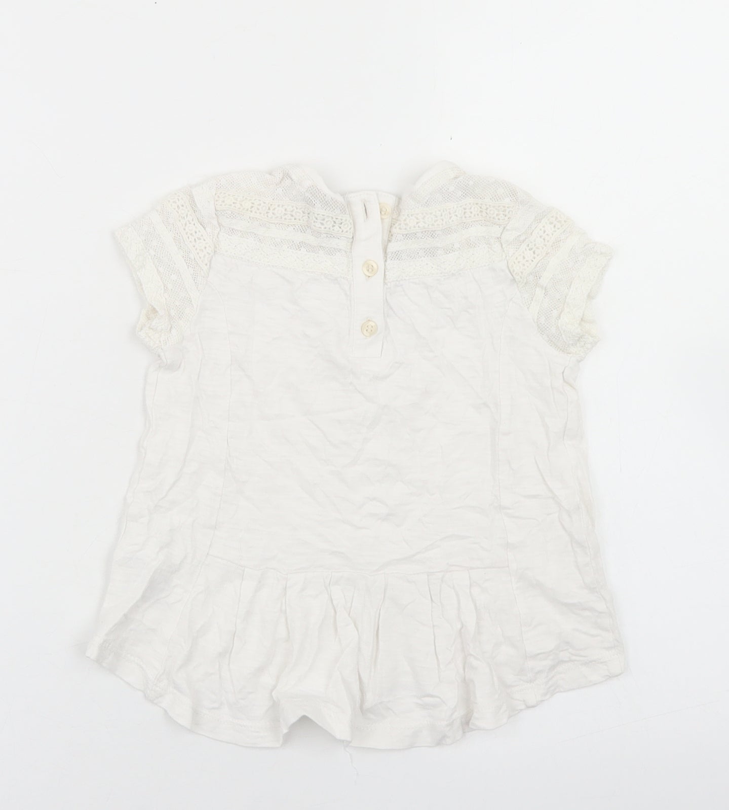NEXT Girls White  Cotton Basic T-Shirt Size 2-3 Years Crew Neck Button - Lace shoulder detail