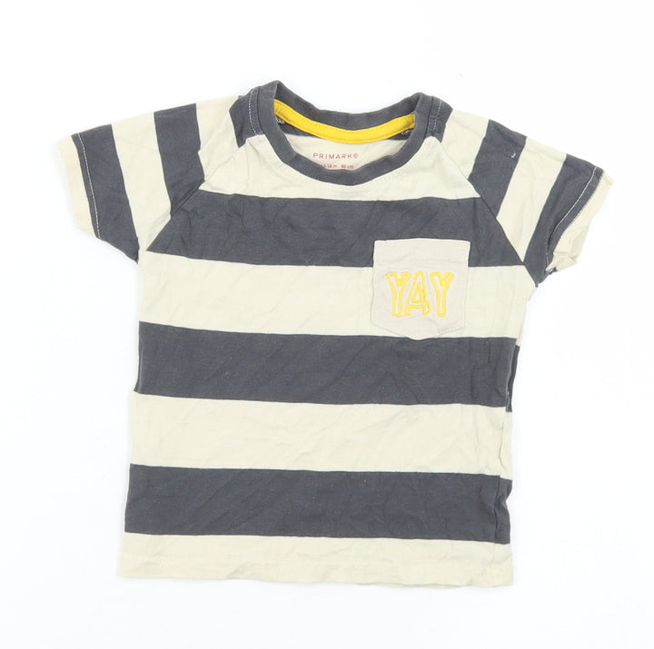 Primark Boys Beige Striped Cotton Basic T-Shirt Size 12-18 Months Crew Neck - Chest Pocket