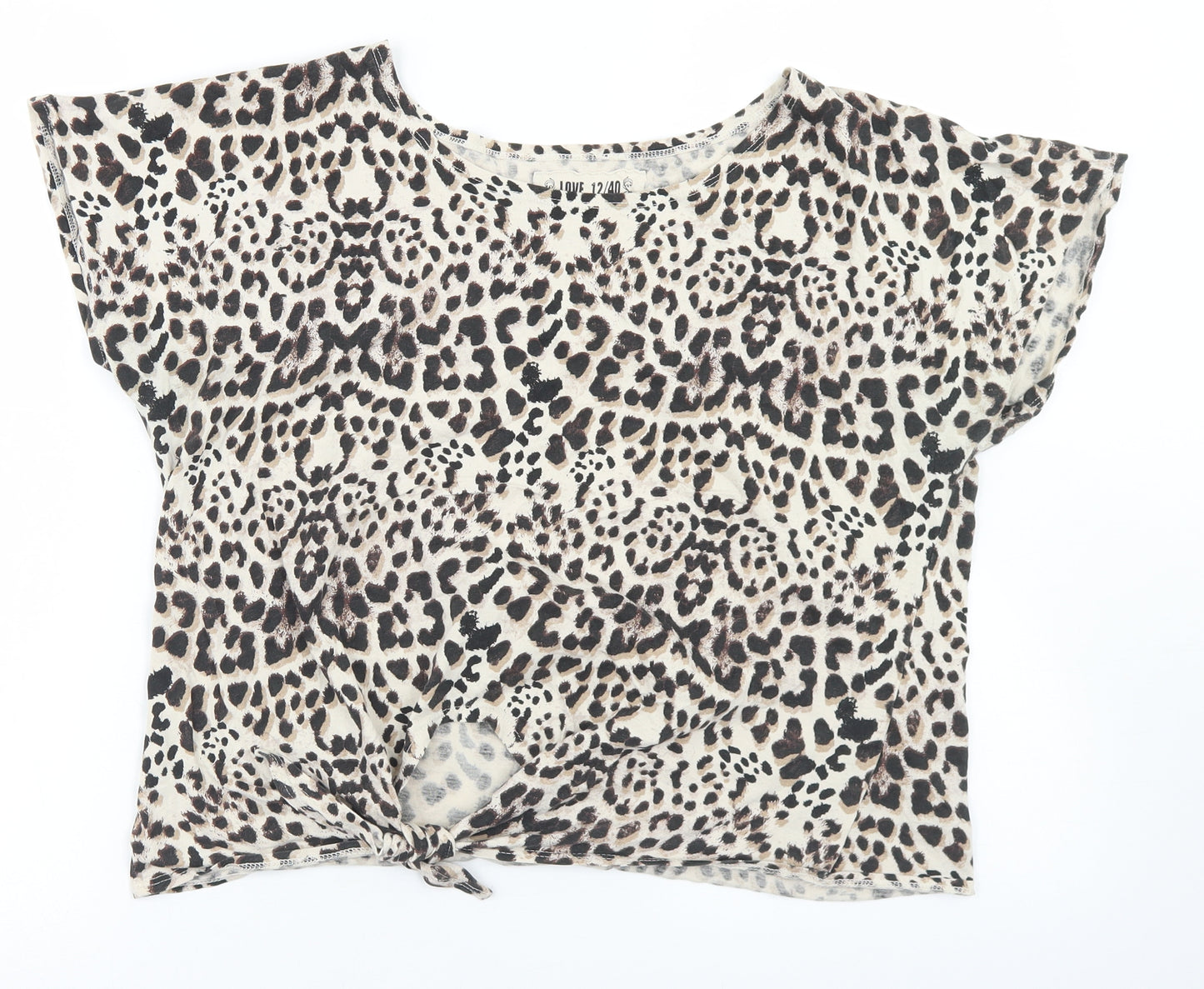 Dunnes Stores Womens Beige Animal Print Cotton Cropped T-Shirt Size 12 Crew Neck - Tie Front
