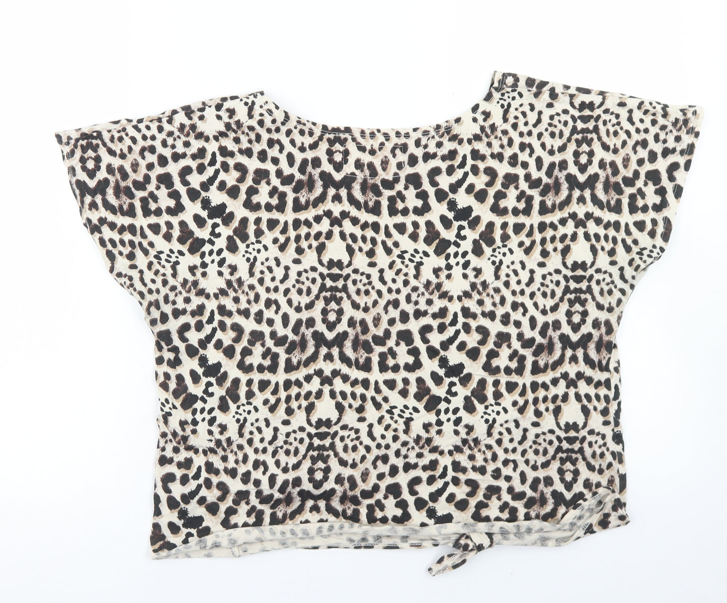 Dunnes Stores Womens Beige Animal Print Cotton Cropped T-Shirt Size 12 Crew Neck - Tie Front