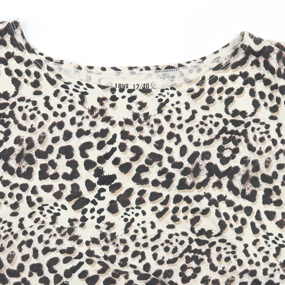 Dunnes Stores Womens Beige Animal Print Cotton Cropped T-Shirt Size 12 Crew Neck - Tie Front