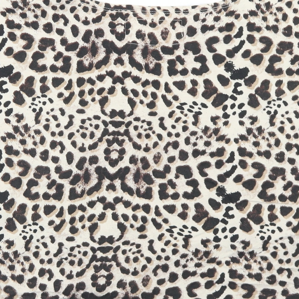 Dunnes Stores Womens Beige Animal Print Cotton Cropped T-Shirt Size 12 Crew Neck - Tie Front