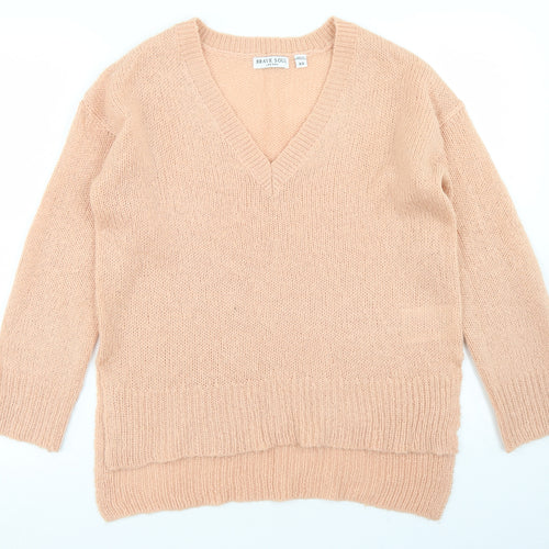 Brave Soul Womens Pink V-Neck  Acrylic Pullover Jumper Size XS