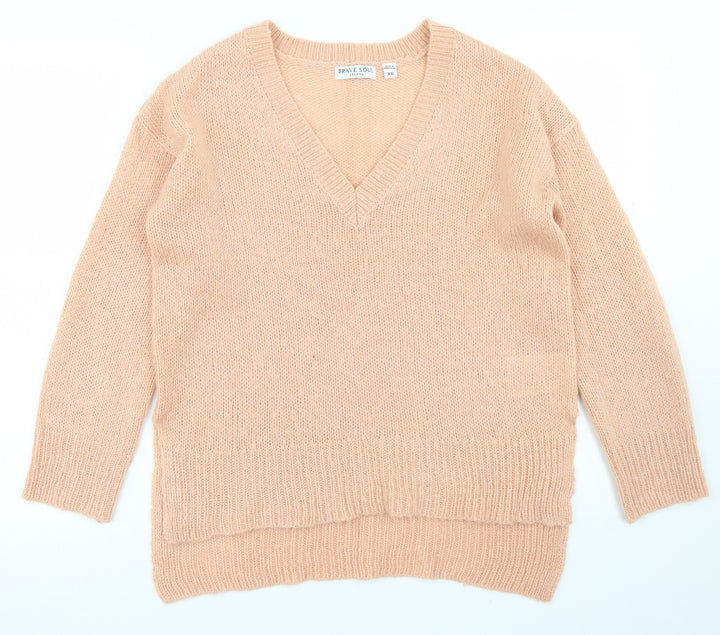 Brave Soul Womens Pink V-Neck  Acrylic Pullover Jumper Size XS