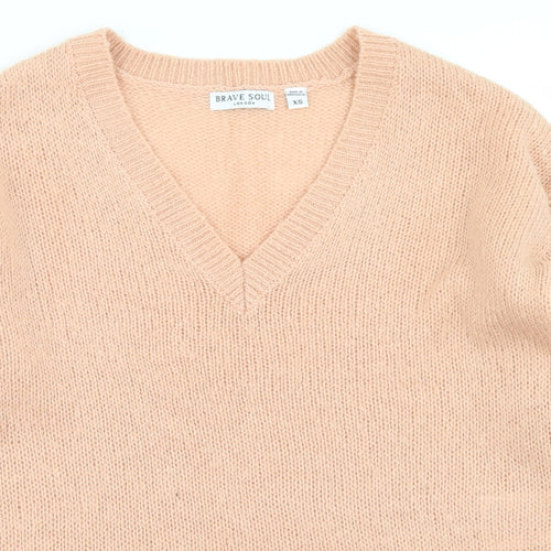 Brave Soul Womens Pink V-Neck  Acrylic Pullover Jumper Size XS