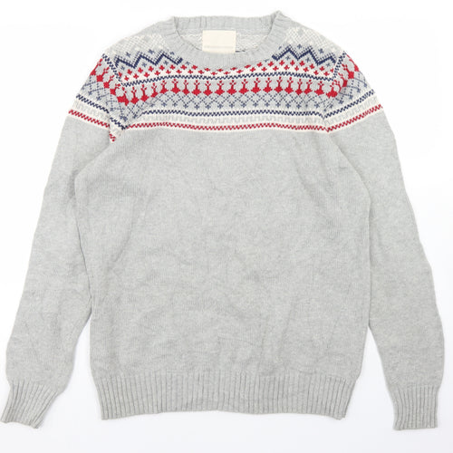 Fredrik Anderson Mens Grey Mock Neck Fair Isle Cotton Pullover Jumper Size L