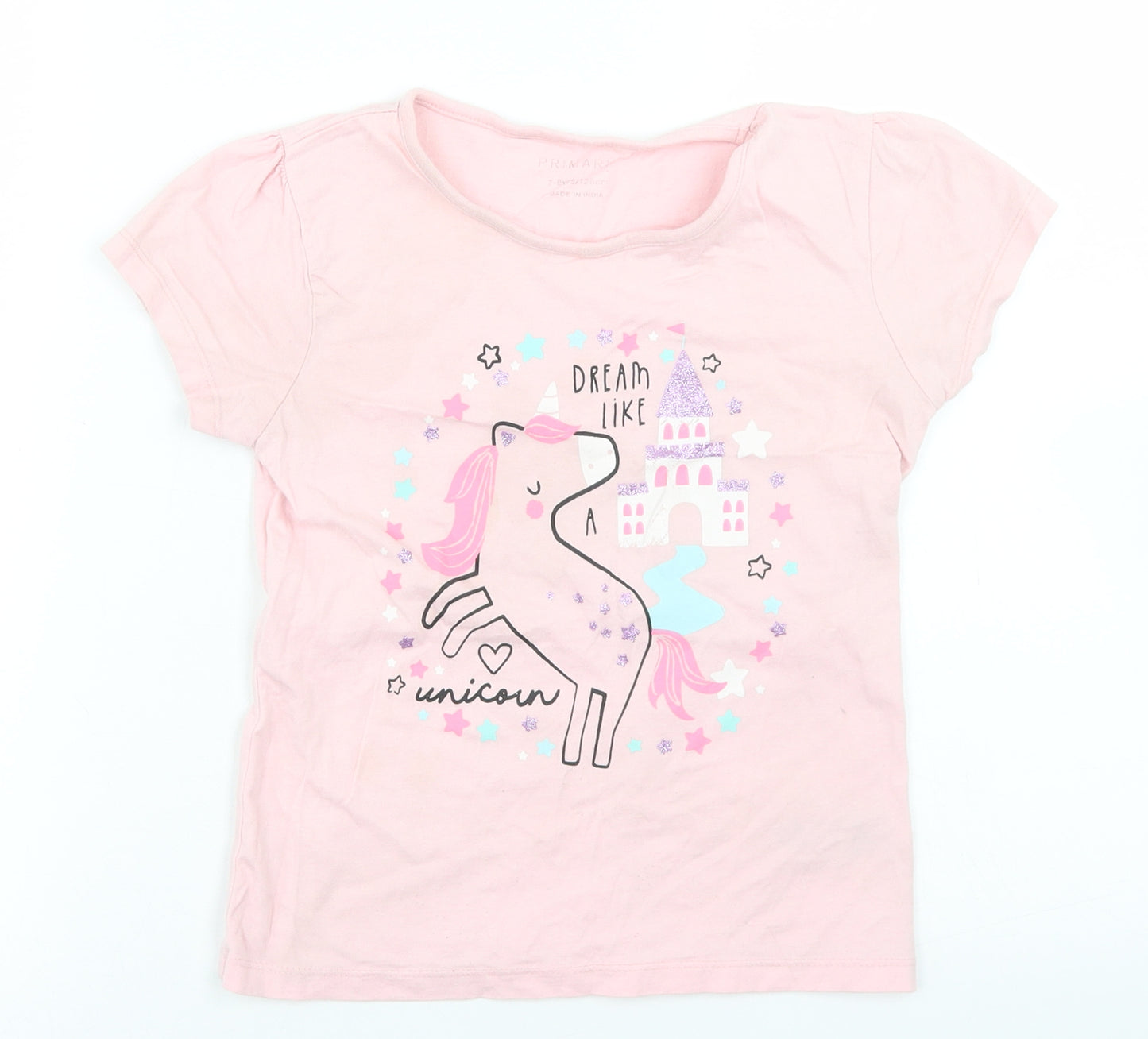 Primark Girls Pink  Cotton Basic T-Shirt Size 7-8 Years Crew Neck  - Unicorn