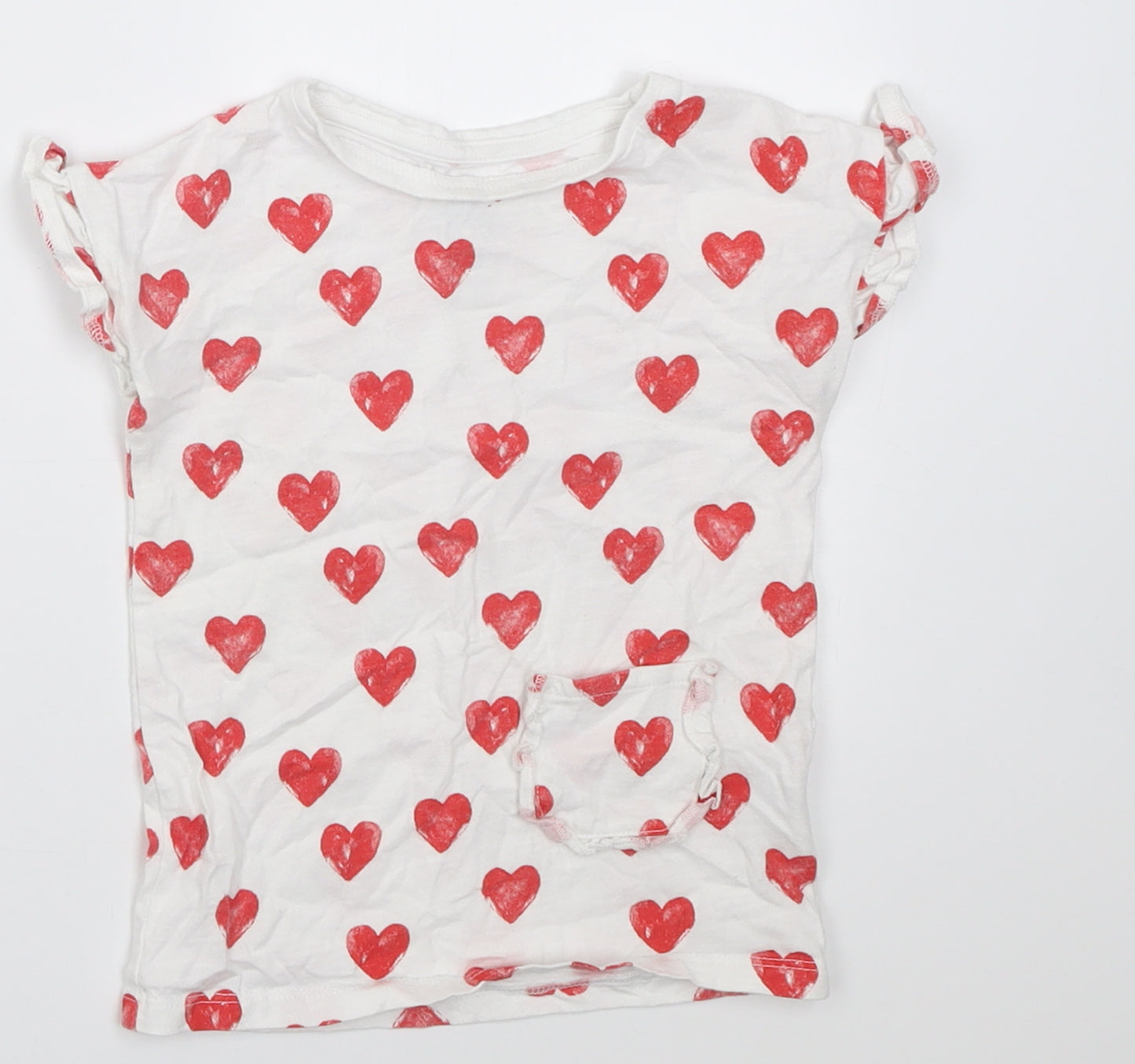 F&F Girls White Geometric Cotton Basic T-Shirt Size 2-3 Years Crew Neck Pullover - Heart pattern