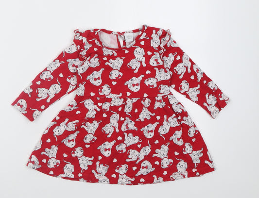 Front view of Matalan girls’ red geometric cotton a-line, size 12-18, months crew neck pullover - 101 dalmatians