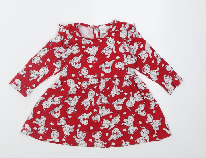 Matalan Girls Red Geometric Cotton A-Line Size 12-18 Months Crew Neck Pullover - 101 Dalmatians