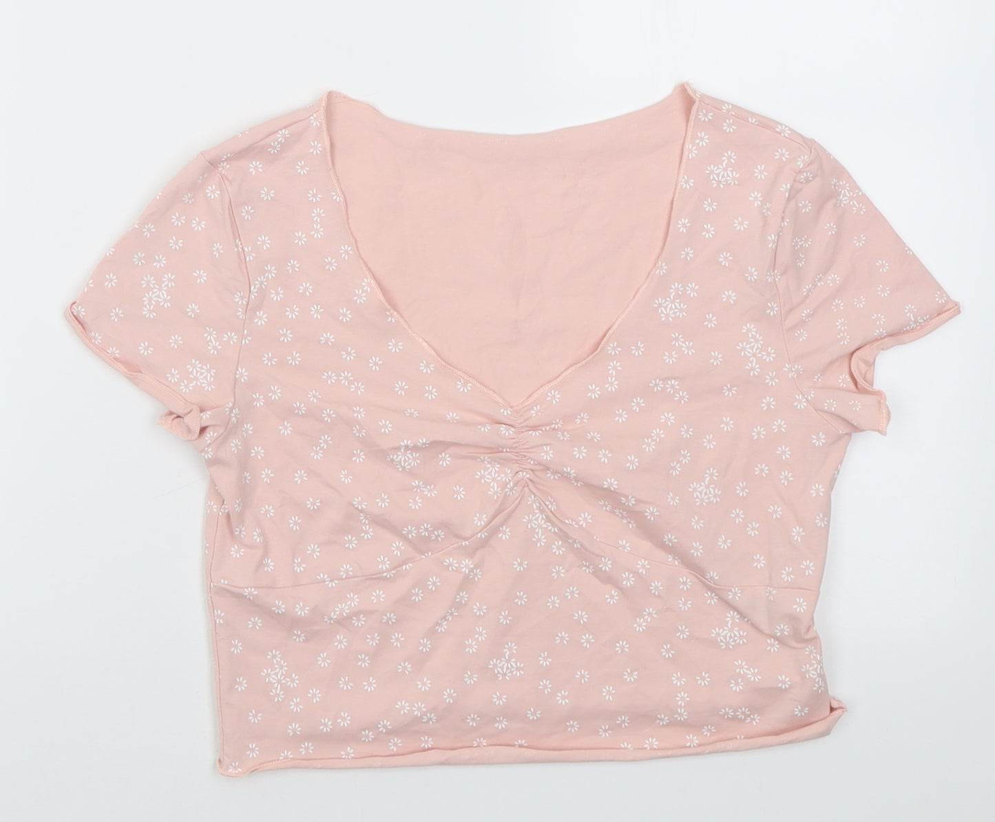 sgein Womens Pink Floral Cotton Cropped T-Shirt Size S V-Neck