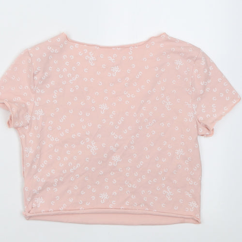 sgein Womens Pink Floral Cotton Cropped T-Shirt Size S V-Neck