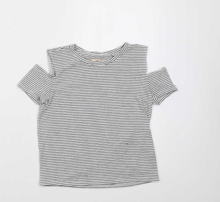 Hollister Womens White Striped Cotton Cropped T-Shirt Size XS Crew Neck - cold shoulder