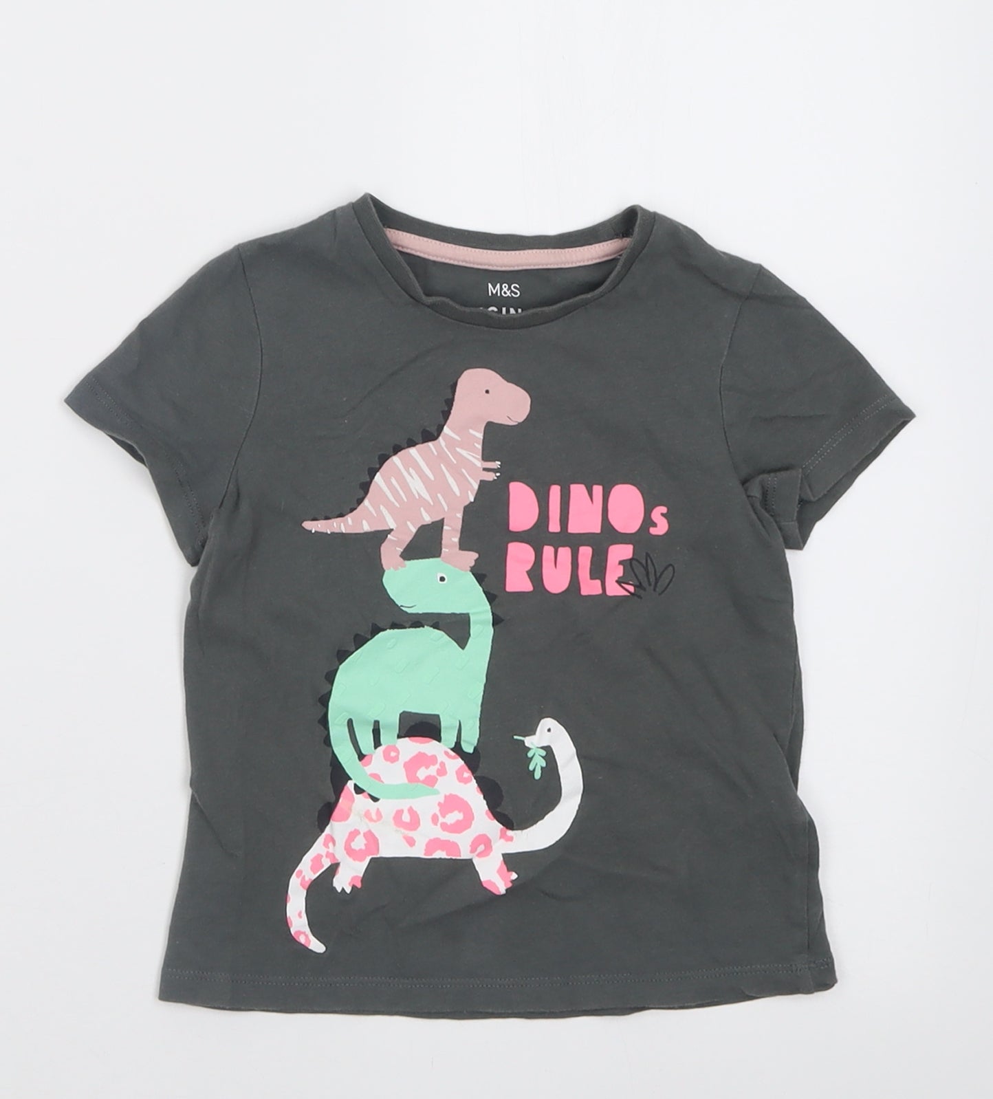 Marks and Spencer Girls Grey  Cotton Basic T-Shirt Size 4-5 Years Crew Neck Pullover - dinos rule