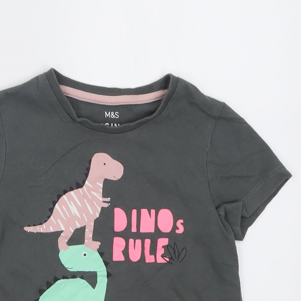 Marks and Spencer Girls Grey  Cotton Basic T-Shirt Size 4-5 Years Crew Neck Pullover - dinos rule