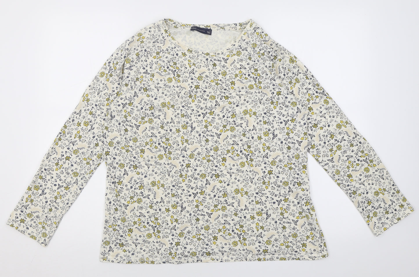 Marks and Spencer Womens Yellow Floral Cotton Basic T-Shirt Size 16 Crew Neck