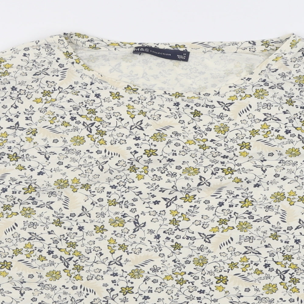 Marks and Spencer Womens Yellow Floral Cotton Basic T-Shirt Size 16 Crew Neck