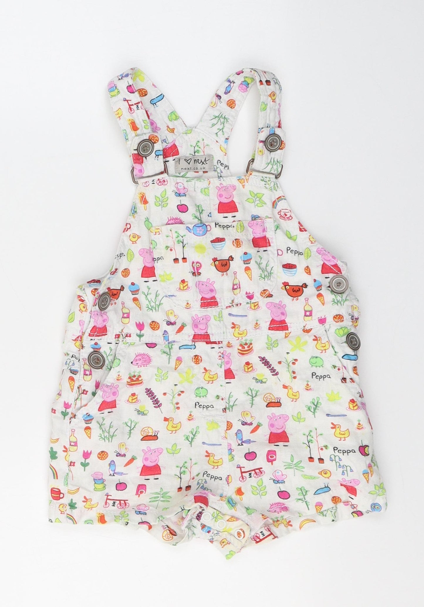 NEXT Girls White Animal Print Linen Dungaree One-Piece Size 12-18 Months  Buckle - Pepa pig