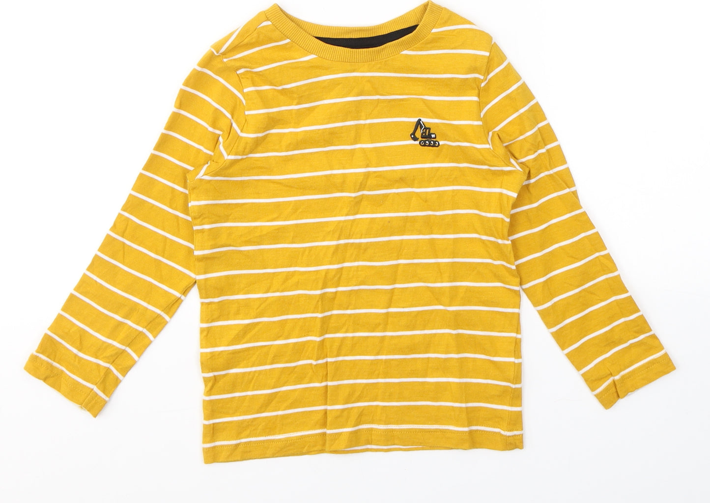F&F Boys Yellow Striped Cotton Basic T-Shirt Size 4-5 Years Round Neck Pullover - tractor logo