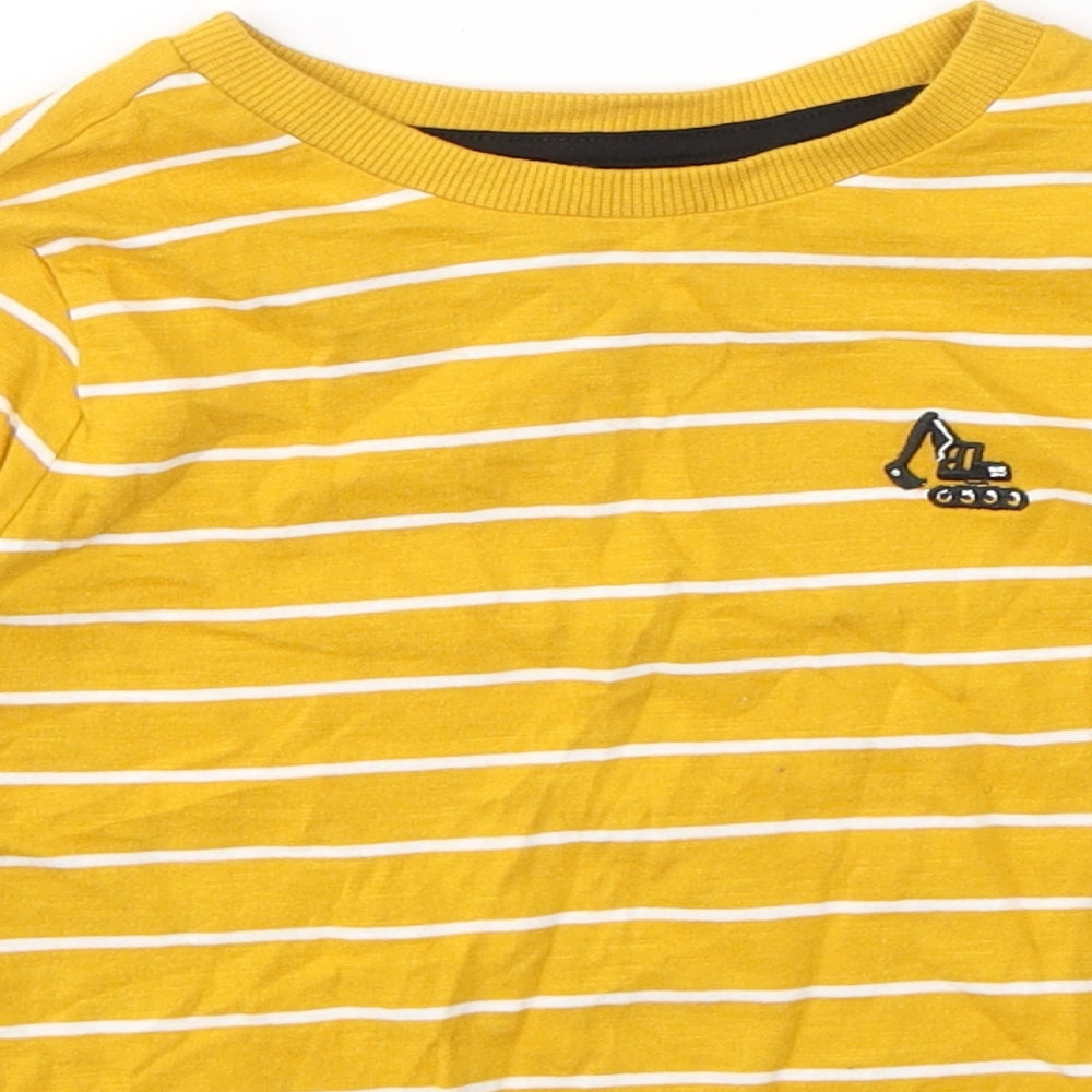F&F Boys Yellow Striped Cotton Basic T-Shirt Size 4-5 Years Round Neck Pullover - tractor logo