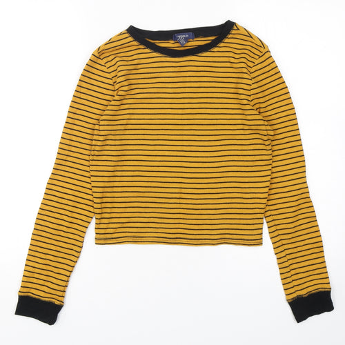 FOREVER 21 Womens Yellow Striped Cotton Cropped T-Shirt Size M Round Neck