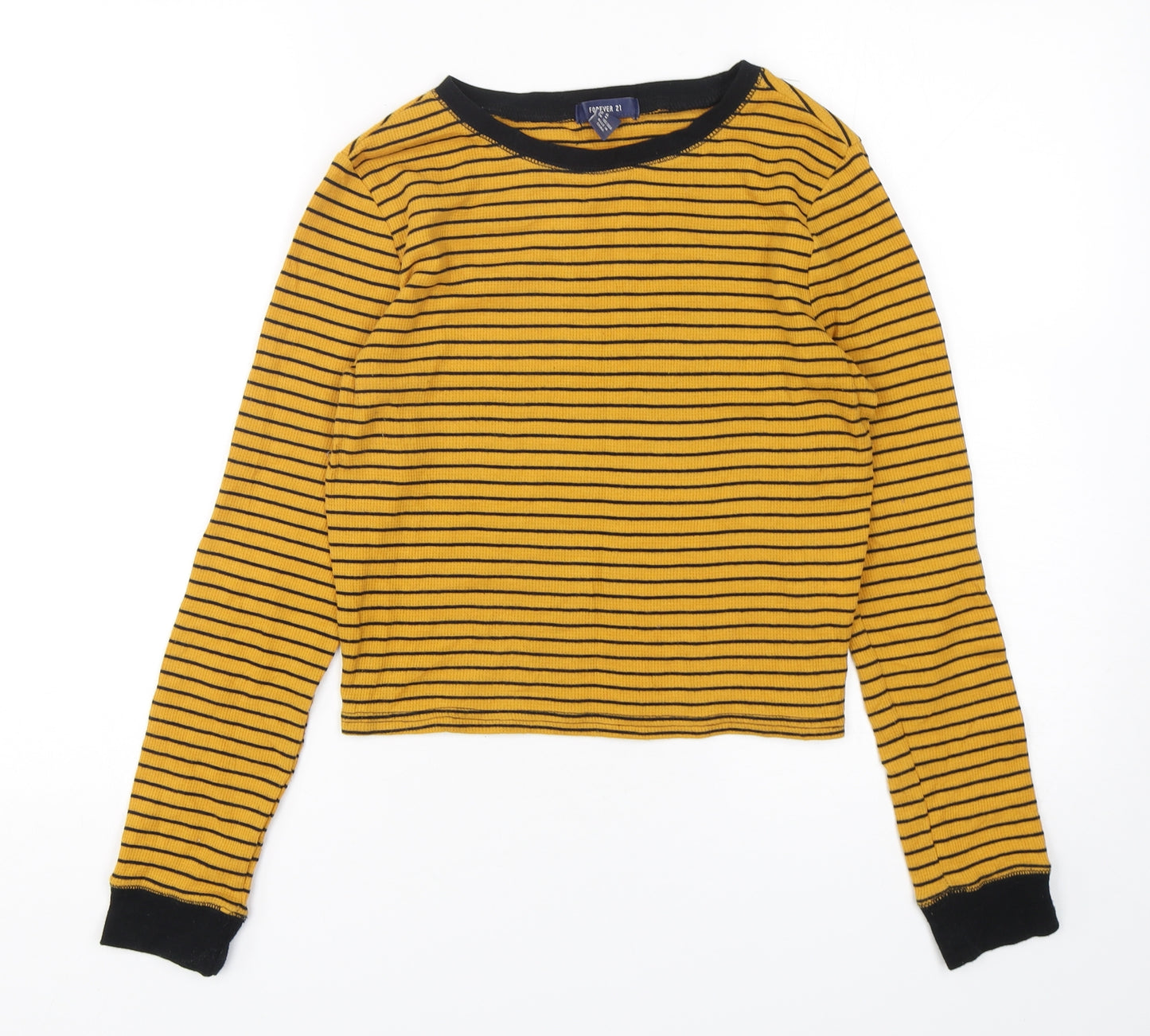 FOREVER 21 Womens Yellow Striped Cotton Cropped T-Shirt Size M Round Neck