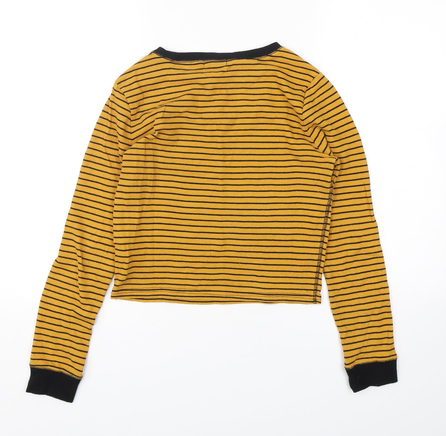 FOREVER 21 Womens Yellow Striped Cotton Cropped T-Shirt Size M Round Neck