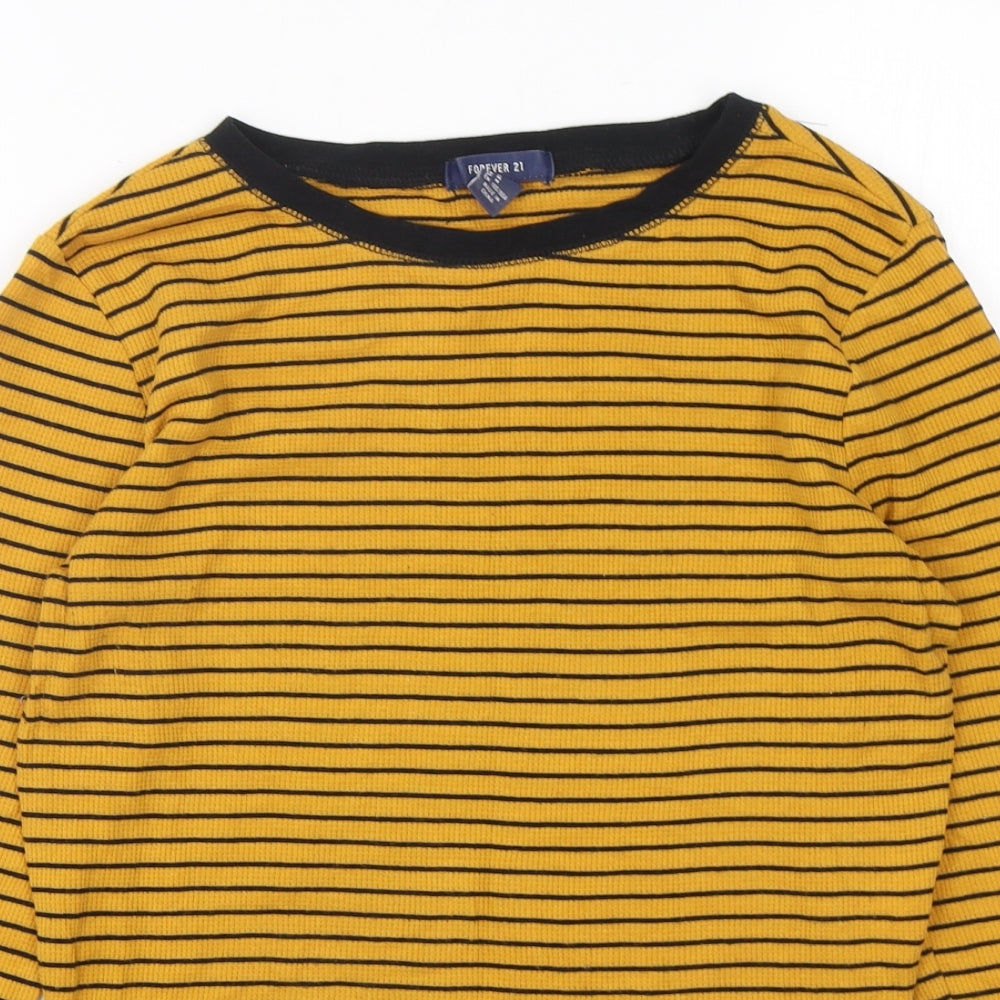 FOREVER 21 Womens Yellow Striped Cotton Cropped T-Shirt Size M Round Neck