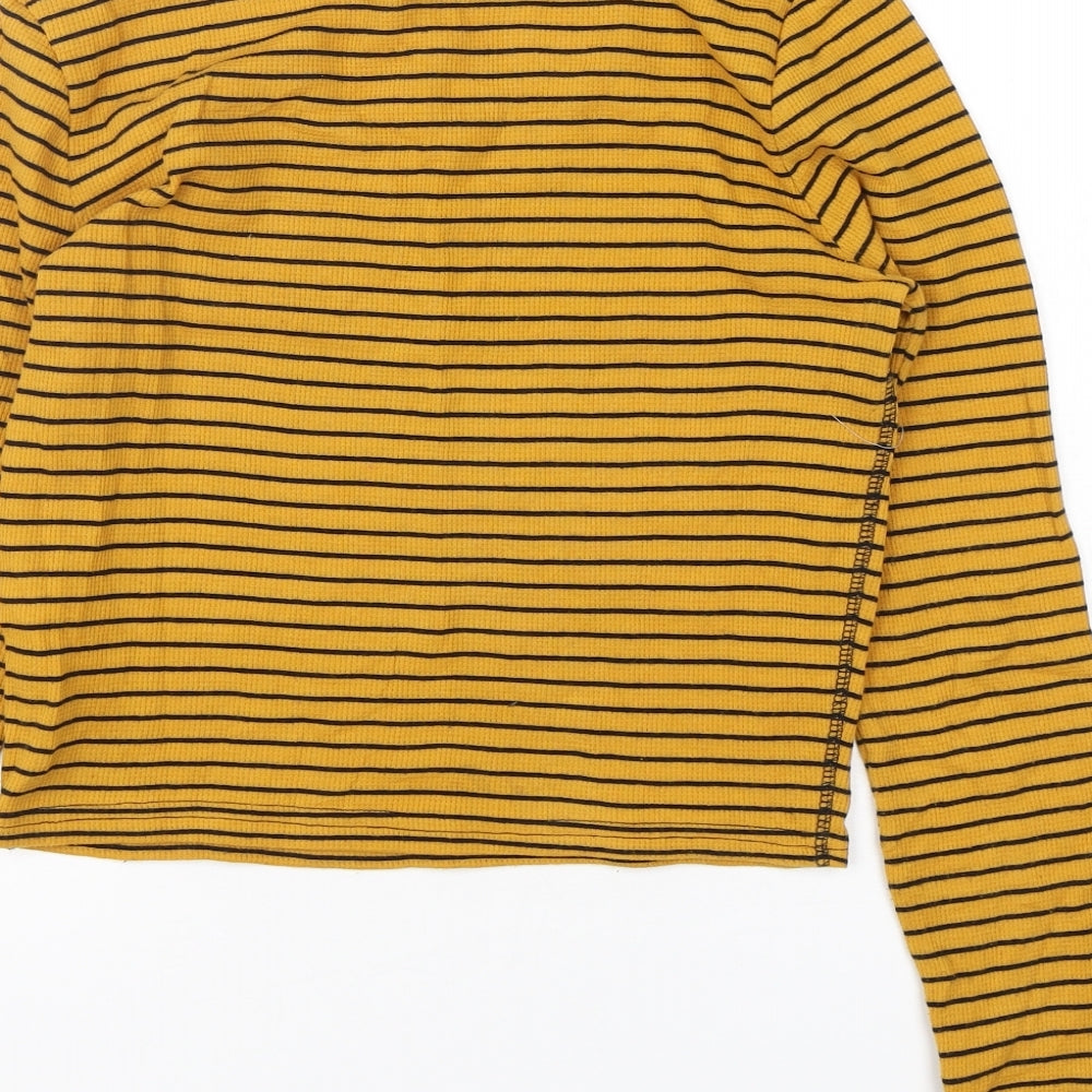 FOREVER 21 Womens Yellow Striped Cotton Cropped T-Shirt Size M Round Neck