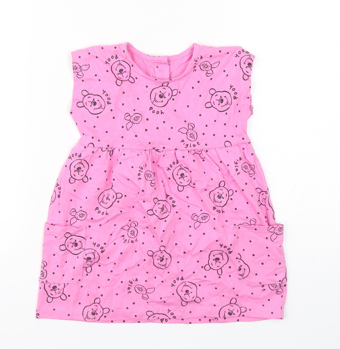 George Girls Pink Polka Dot Cotton A-Line  Size 9-12 Months  Roll Neck Snap - winnie the pooh