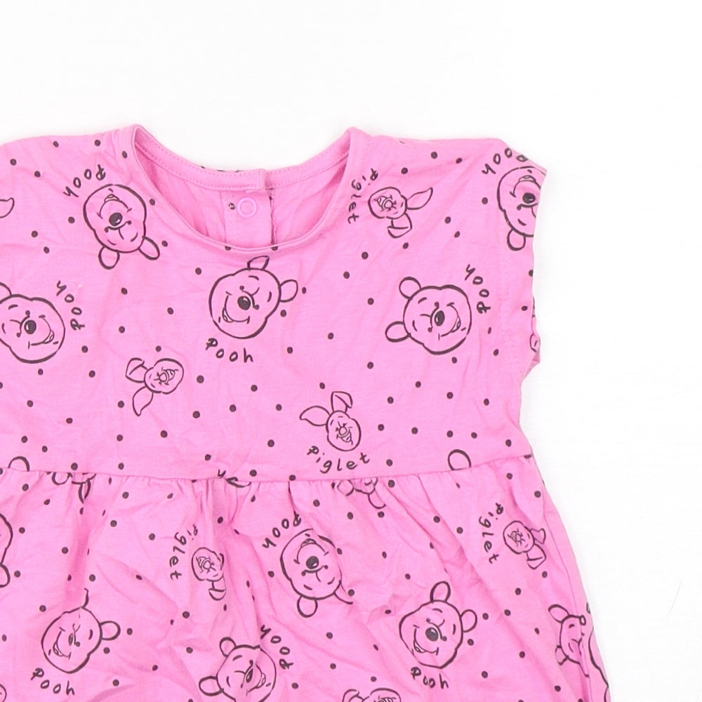 George Girls Pink Polka Dot Cotton A-Line  Size 9-12 Months  Roll Neck Snap - winnie the pooh