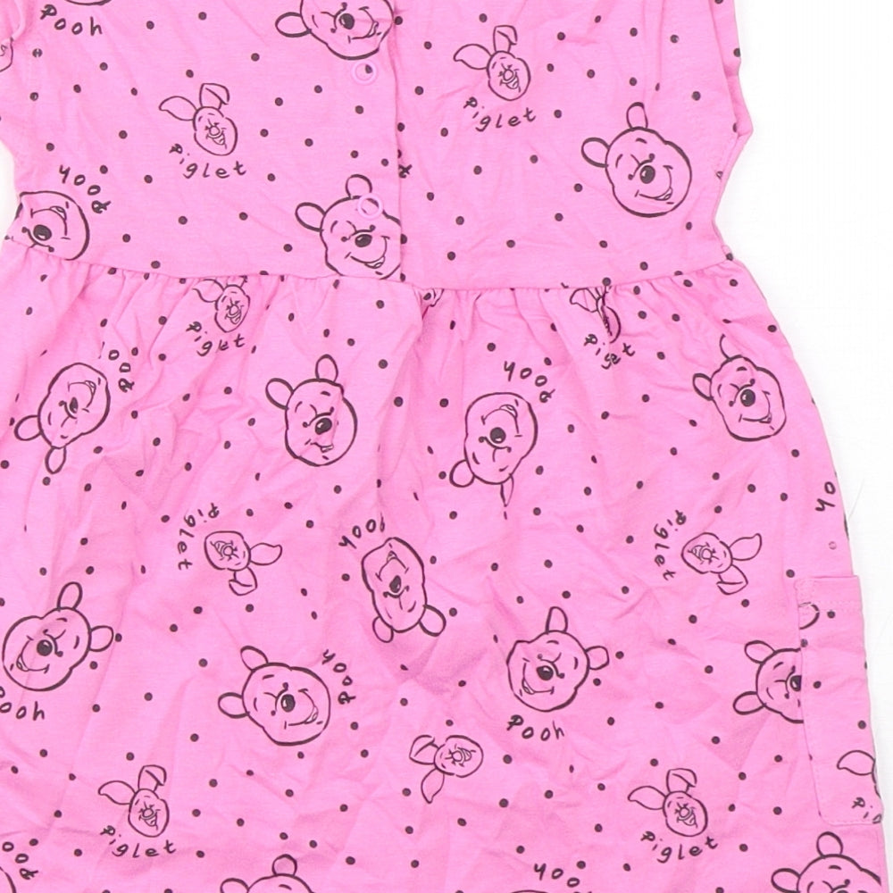 George Girls Pink Polka Dot Cotton A-Line  Size 9-12 Months  Roll Neck Snap - winnie the pooh