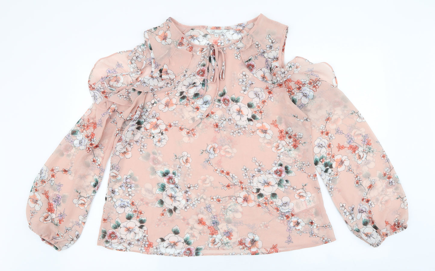 Peacocks Womens Pink Floral Polyester Basic Blouse Size 16 Round Neck - cold shoulder