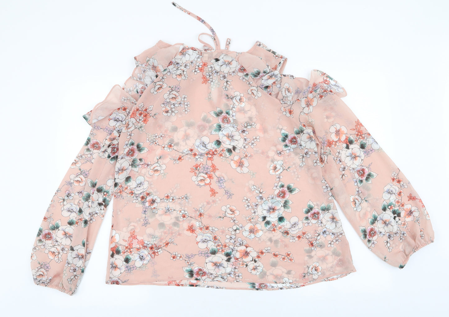 Peacocks Womens Pink Floral Polyester Basic Blouse Size 16 Round Neck - cold shoulder