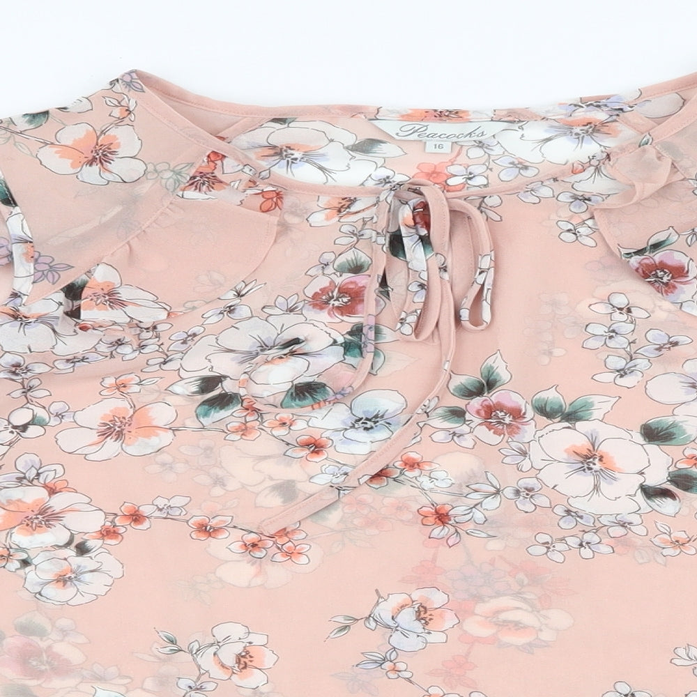 Peacocks Womens Pink Floral Polyester Basic Blouse Size 16 Round Neck - cold shoulder