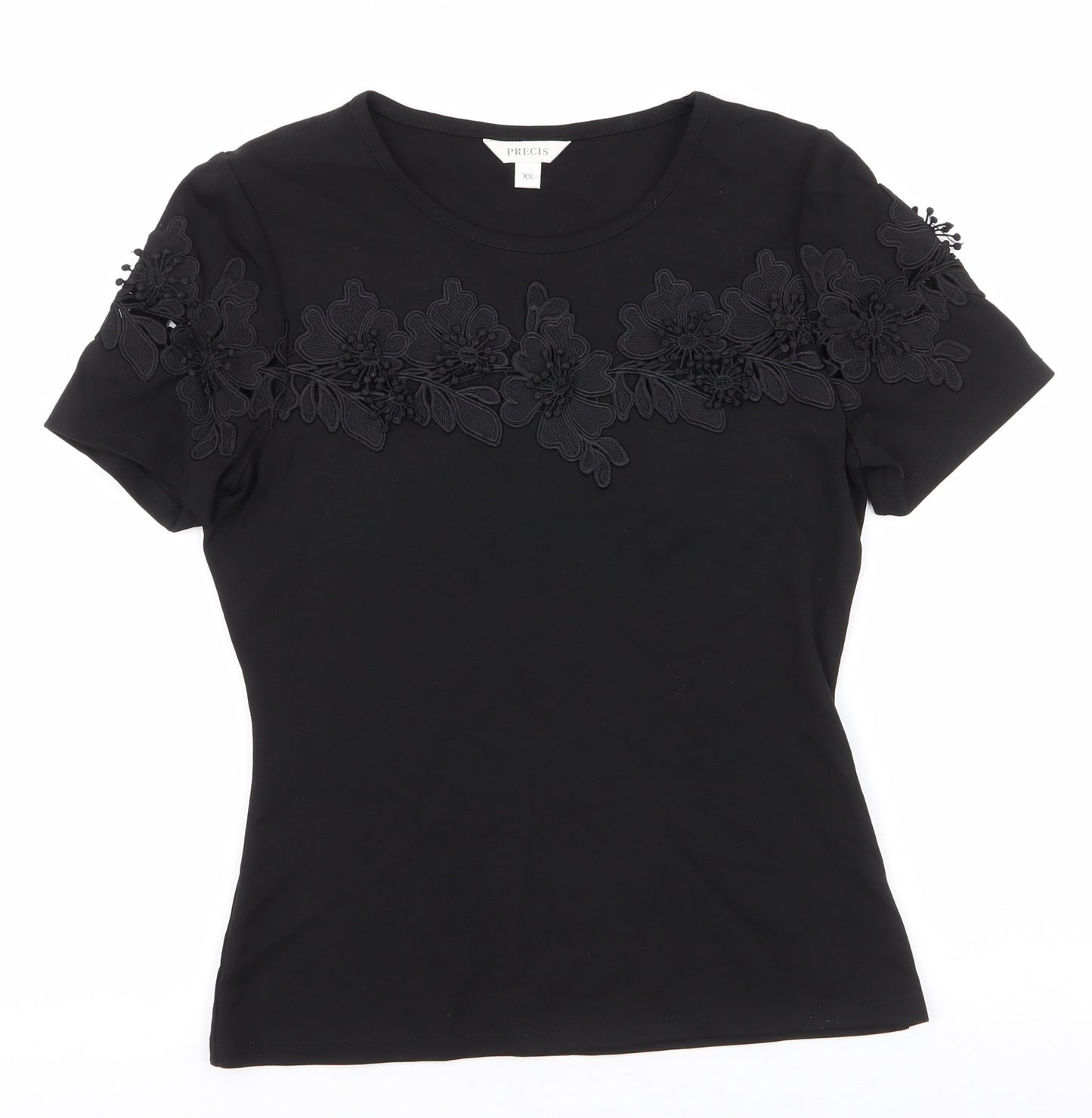 Pregis Womens Black Floral Viscose Jersey T-Shirt Size XS Round Neck